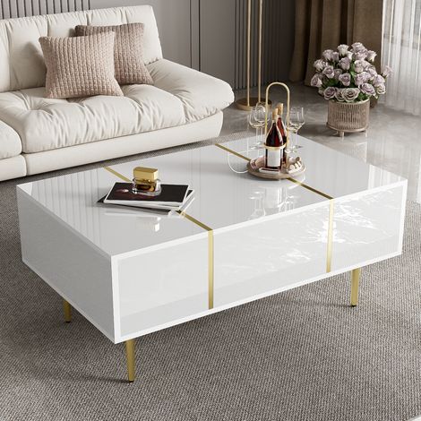 Mesa de centro 100x60x41,5 cm blanco brillante con 2 cajones, MDF y metal dorado MEUBLIV (1/5)