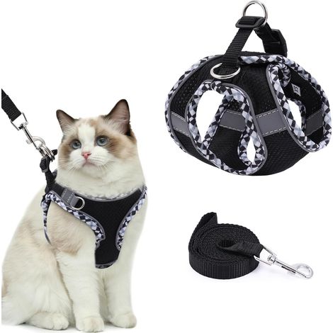 Harnais réglable pour chaton, laisse pour petit chien avec système anti-fuite, réfléchissant et respirant, harnais et cordon de sécurité, noir - XXS (1/5)