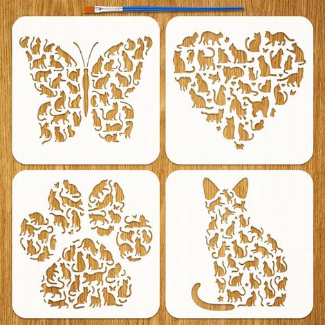 4PCS Pochoirs Forme Chat Avec 1Pc Pinceau 20x20cm Pochoir Peinture Silhouettes de Chats Cœurs Papillons Griffes Forme Modèle Chat pour Peinture sur Bois Mur Meuble DIY Décoration Maison (1/5)