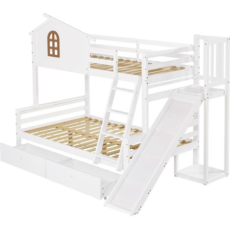 GagaLit superposé enfant avec toboggan, tiroirs et escalier, blanc (1/5)