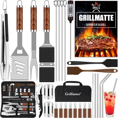 Ensemble d'ustensiles de barbecue haut de gamme en acier inoxydable 34 pièces : pinces, étui de rangement et tapis de cuisson, marron, cadeau idéal pour les hommes, le jardinage et le camping (1/5)