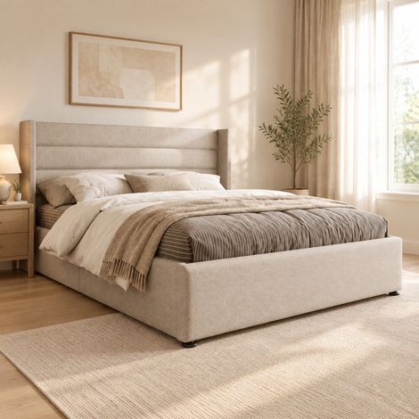 Cama doble 180x200 cm de lino beige con canapé, sin colchón -FLORAGRACE (1/5)