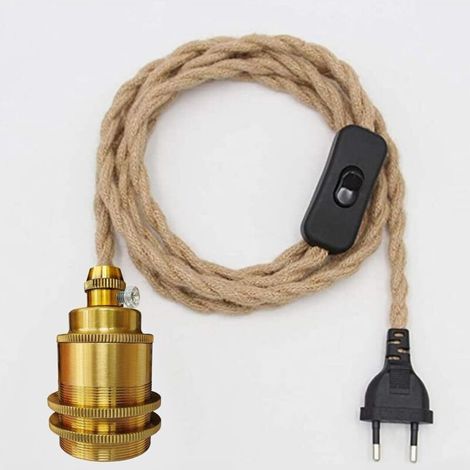 2M Douille de Lampe E27 Vintage avec Câble et Interrupteur,Suspendue Lustre Corde de Chanvre, DIY Suspension Luminaire Lampe Créative Lumière Pendante Industrielle,, doré (1/5)
