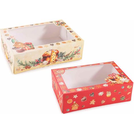 Scatole di Natale in carta con vetrinetta trasparente e decorazione di dolcetti natalizi, set da 16 pezzi, cm 22,5 x 15,5 x 7 H
