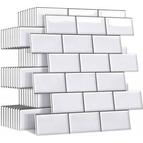 (Blanc)10 Pièces Plus épais Credence Adhesive pour Cuisine Salle de Bain, Faux Carrelage Adhesif Mural Blanc Credence Cuisine Adhesive (1/5)