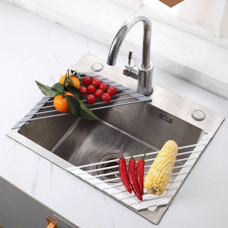 Stück kleine，aufrollbare Abtropfgestelle mit Silikonbeschichtung，Edelstahlrahmen für Spülbeckenecken (1/4)