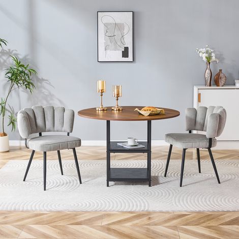 Ensemble table à manger ronde 107 cm avec rangement et 2 chaises en tissu gris, noyer et métal noir (1/5)