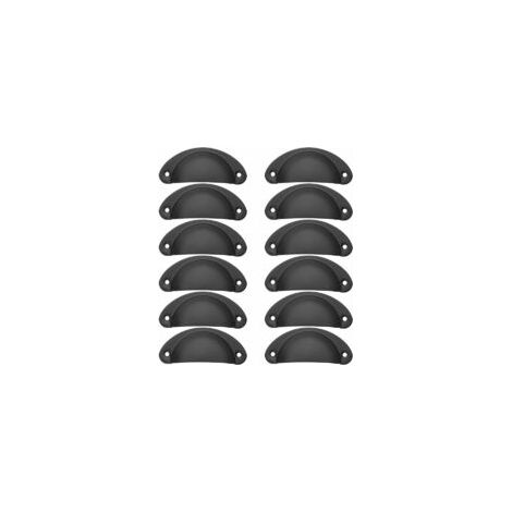 Lot de 12 boutons de tiroir vintage en forme de coquillage pour meubles de cuisine, 8,2 cm x 3,5 cm, boutons de porte de placard style vintage avec poignée incurvée en fonte et vis - Noir (1/5)