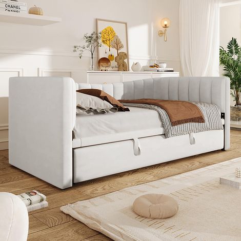 Lit jour 90 x 200 cm (180 x 200 cm extensible) avec tiroir, lit double (sans matelas), velours, style minimaliste - Blanc (1/5)