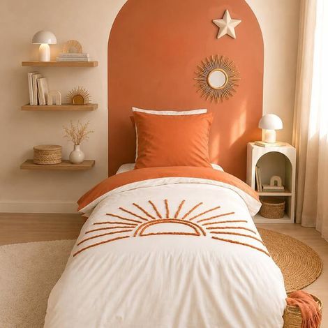 Parure de lit imprimée 140x200 cm Enfant - Housse de Couette + 1 Taie d'oreiller 63x63 cm Motif Soleil tufté Orange et Blanc – Coton