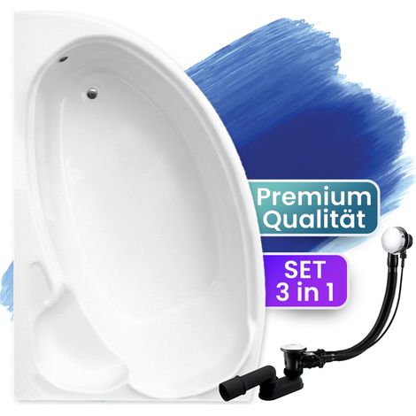 Badewanne Eckbadewanne 140x95 Links, Ablaufgarnitur & Füßen GRATIS - Komplettset 3in1 Original Acryl Wanne Premium Siphon - BADLAND FINEZJA (1/5)