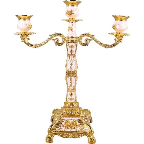 Pose-candélabre métallique rétro style européen, trois branches or et blanc, décoration romantique de bougeoir pour mariage dîner fête. (1/5)