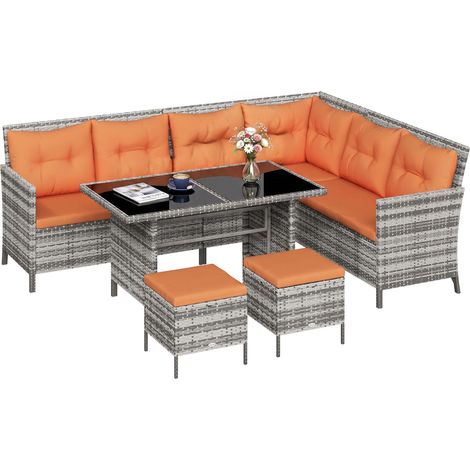 Orange 7-Seater Patio Wicker Sofa Set with Glass Surface and Cushions 118 x 62 x 82 cm (1/5)