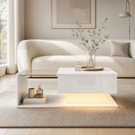 Tavolino sollevabile 100 x 50 cm con piano in vetro, LED e vano contenitore bianco DESVIAE (1/5)