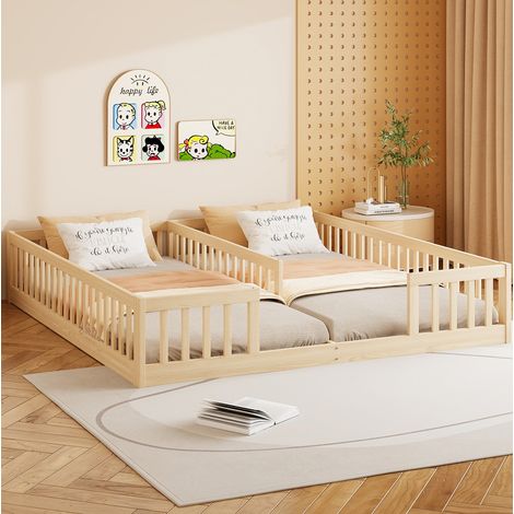 Lit enfant 90x200 cm avec barrières de sécurité, sommier à lattes, structure stable pour 2 enfants, pin naturel (1/5)