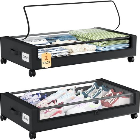 Boîte Rangement Sous Lit - Lot de 2 - Tissu Non Tissé - Avec Roues Et Zip - Pour Vêtements Et Linge - 48L Noir (1/5)