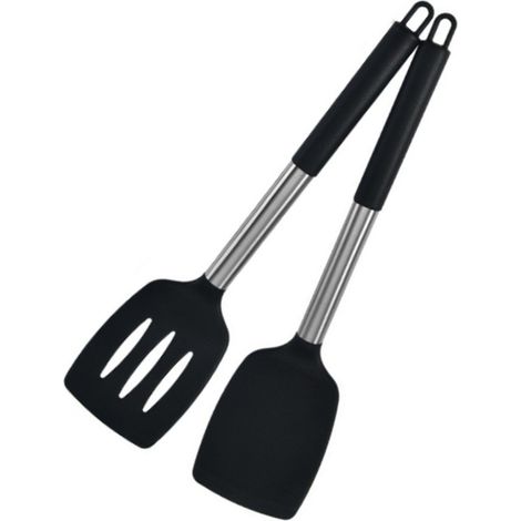 Juego de 2 espátulas de silicona con mangos de acero inoxidable, resistentes al calor hasta 230 °C, para sartenes antiadherentes, utensilios de cocina. (1/5)