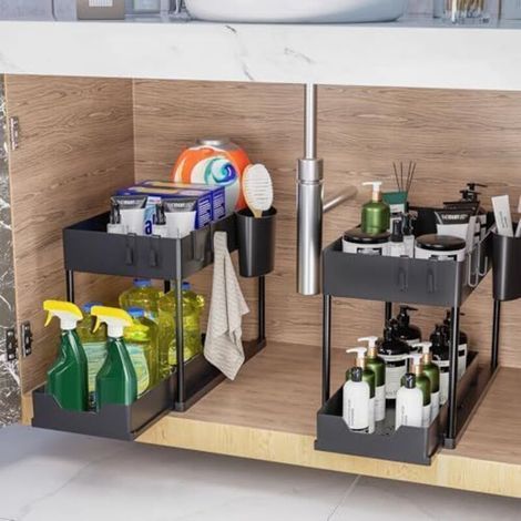 Lot de 1 Rangement sous Évier à 2 Étages, Organisateur Cuisine avec Tiroirs Amovibles, Rangement Coulissant sous Évier, Organisateur Placard, Étagère, Panier Coulissant pour Cuisine -Noir (1/5)