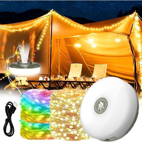 Guirlande lumineuse de camping - 10 mètres - Étanche IP44 - Rétractable - Rechargeable - Blanc chaud  Guirlande lumineuse extérieure - Lumières - Guirlande lumineuse - Lampe de camping - Lampe de tent