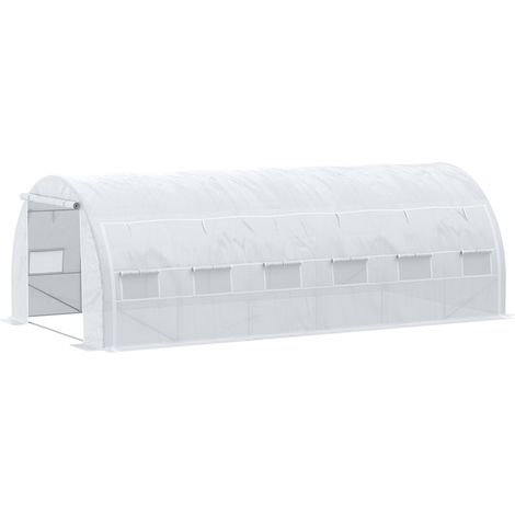 Serre de jardin 18 m² dim. 6L x 3l x 2H m avec porte + parois latérales zippées enroulables, 12 fenêtres, acier PE haute densité 140 g/m² Anti-UV blanc