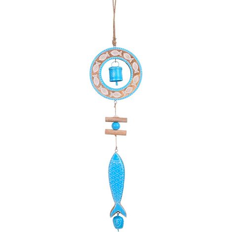 Móvil colgante de pez y campana de madera turquesa 69 cm (1/5)