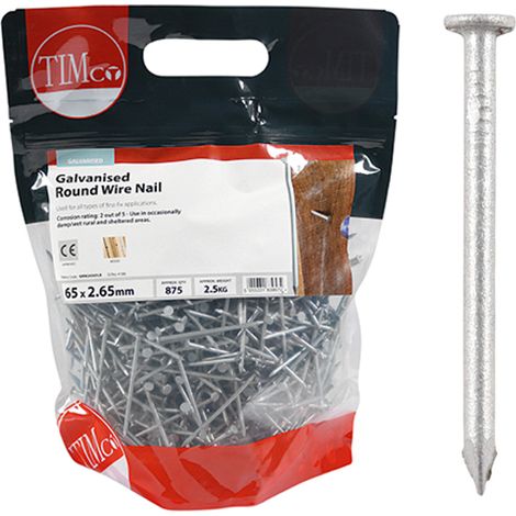 Timco Galvanised Round Wire Nails - 65 x 2.65mm (2.5kg Bag)