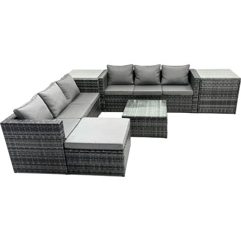 Fimous Outdoor Rattan Garden Furniture Set 7 Seater Patio Lounge Sofa Set with Square Coffee Table 2 Side Table Big Footstool Dark Grey Mixed (1/5)