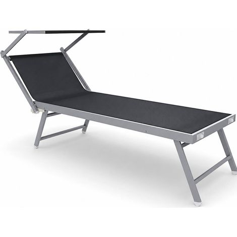 Lettino Prendisole Pieghevole Alluminio E Textilene Con Tettuccio Parasole Orientabile Mare Spiaggia Piscina 182 x 60 x 38 Cm Nero (1/5)