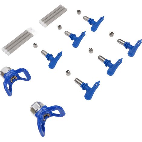 Lot de 6 buses de pulvérisation (références 211, 315, 417, 517, 515 et 523), 2 supports et 6 filtres pour pistolet à peinture sans air (bleu). (1/5)