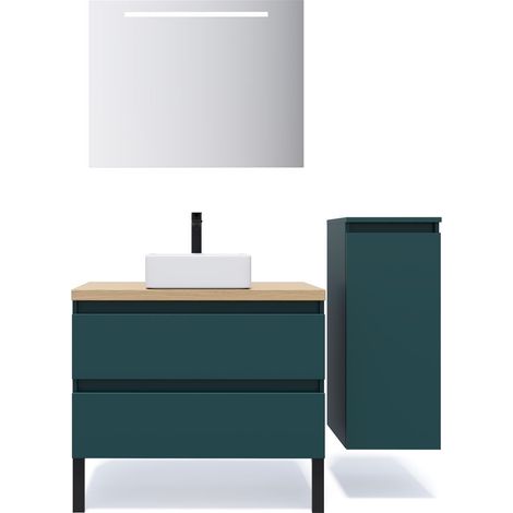 Meuble de salle de bain suspendu vasque à poser 90cm 2 tiroirs Bleu + miroir + colonne ouverture droite - Hudson (1/5)