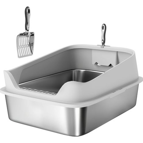 Offene Katzentoilette aus Edelstahl, grau, mit Schaufel, für große Katzen bis 12 kg (1/4)