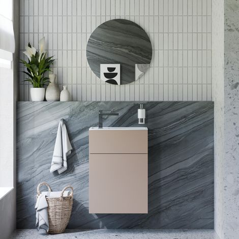 BERNSTEIN - Ensemble meuble vasque Gris mat 50x26x72cm, Lavabo fonte minérale Blanc mat + Miroir LED dimmable Ø60cm - KONDA (1/5)