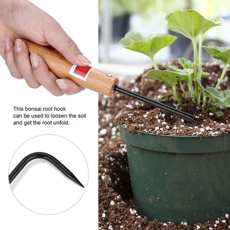 Crochet à racines en fer et hêtre pour bonsaï, manche en bois ergonomique, outil de jardinage robuste et confortable. (1/5)