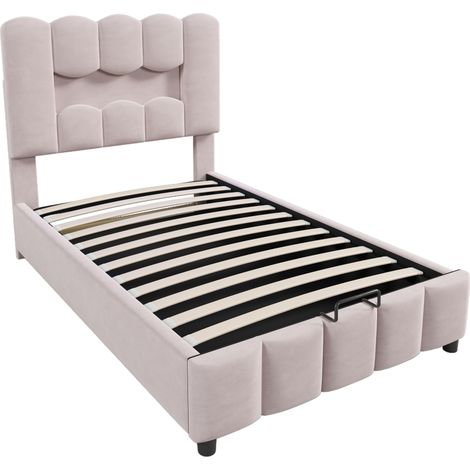 Cama tapizada 90 x 200 cm de terciopelo rosa con LED, arcón hidráulico y cabecero ajustable (1/5)