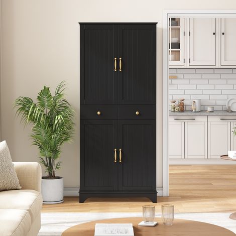 Buffet haut 77x40x181 cm avec étagères réglables, tiroirs et tablettes coulissantes, portes style réfrigérateur - MDF - Noir (1/5)