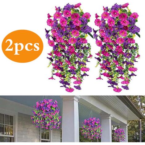 2er-Set Künstliche Hängende Prunkwinden - 75 cm - Künstliche Blumengirlande - Wohnungs-, Garten- & Hochzeitsdekoration - Hängende Kunstblumen (Violett + Rot) (1/5)