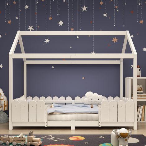 Lit cabane 90x200 cm - lit enfant en bois polyvalent pour garçons et filles - avec barrière anti-chute et sommier à lattes – blanc (sans matelas) (1/5)