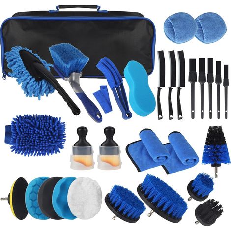 31 Pièces Kit Nettoyage Voiture avec Sac de Transport, Brosse Detailing Auto et Éponges de Polissage,pour Nettoyage des pneus