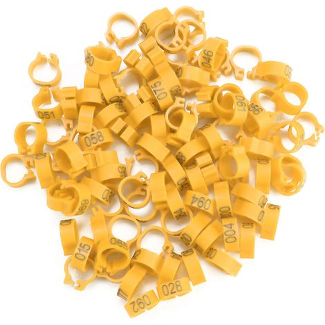 100 bagues/sachet 8 mm numérotées de 001 à 100 en plastique pour pattes de pigeon (jaunes) (1/5)