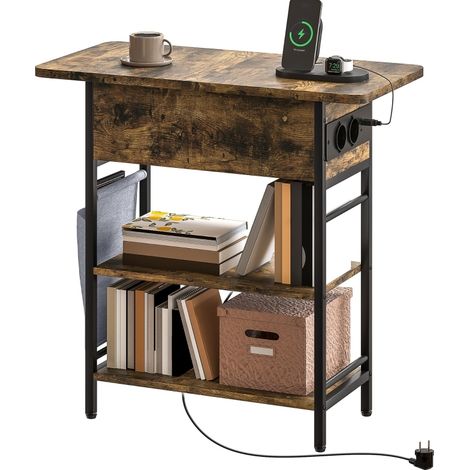 Table d’appoint avec prise, 2 niveaux, ports USB et rangement fermé, meuble compact pour chambre, salon ou bureau, style rustique brun  CHICFURN (1/5)