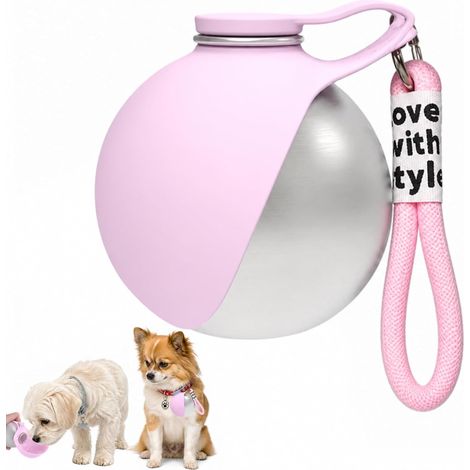 Trinkflasche Hunde für Unterwegs, 285ml Wasserflasche Hunde Edelstahl, Auslaufsichere Hundetrinkflasche mit Silikonnapf für kleine Hunde und Katzen beim Camping, Wandern, Spaziergänge (Rosa) (1/5)