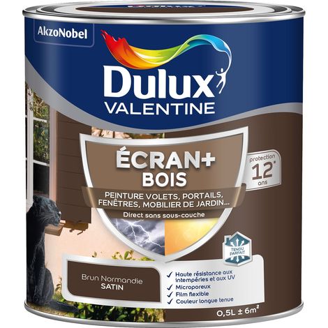 ECRAN+ BOIS - Peinture satinée pour bois extérieur - Volets, portes, fenêtres, portails - Brun Normandie 0,5 L - Dulux Valentine