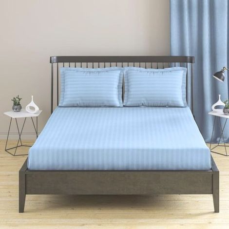 Couvre-lit élastique Deco, 100 % coton, satin damassé, rayures de 1 cm, Bleu Ciel, 100 x 200 + 20 cm (1/2)