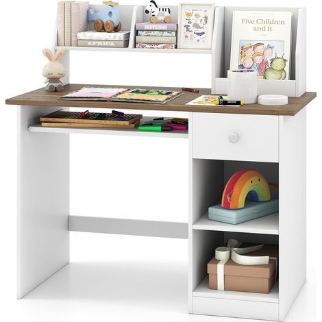 Costway – Bureau enfant en bois 90x45x90cm – Etagères intégrées – Dispositif anti-basculement – Patins antidérapants – Charge 100kg