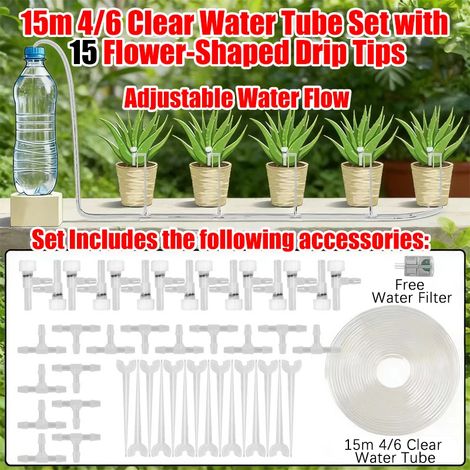 Kit d'irrigation goutte à goutte pour jardin (tuyau de 15 mètres, 15 régulateurs), tuyau de 4/7 mm, micro-goutteurs (1/5)