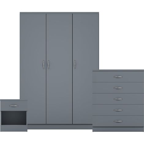 Riano 3 Piece Bedroom Set (1 Drawer Bedside Chest, 5 Drawer Chest, 3 Door Wardrobe), Grey (1/3)