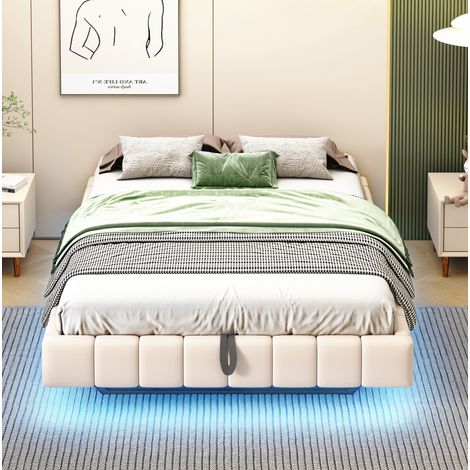 Lit coffre 140x200 suspendu LED en lin beige HAVRYA (1/5)