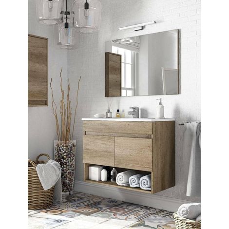Meuble sous-vasque, meuble de salle de bain 2 portes, meuble suspendu avec étagère et miroir, évier non inclus, 80 x 45 h 64 cm, chêne (1/5)
