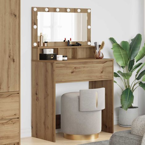 Coiffeuse avec miroir et éclairage LED, chargeur sans fil, chêne artisanal, 80 x 39,5 x 135 cm - PANGIVO (1/5)