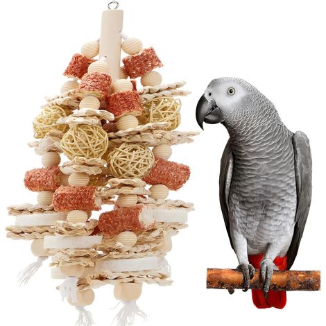 Juguete para pájaros de 44,5 cm de largo, diseñado para que los loros lo mastiquen. Fabricado con mazorcas de maíz naturales y rodajas de lufa. Se puede colgar en jaulas para loros grandes y medianas.
